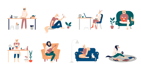Bundle of young men and women spending weekend at home - playing guitar, eating sushi, reading books, surfing internet, listening to music, cooking. Colored vector illustration in flat cartoonのイラスト素材