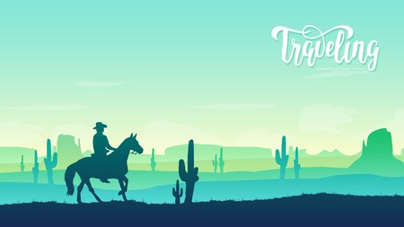Cowboy riding a horse illustration concept. Horse rider in the background of the Texas desert. Wild West culture design. Sunset on the background of the Americanのイラスト素材
