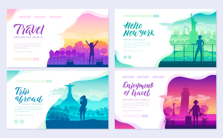 Tourists on the background of cities brochure cards set. Travel around the world template of flyer, magazines, poster, books, invitation banners. People on the background of attractions layout .のイラスト素材