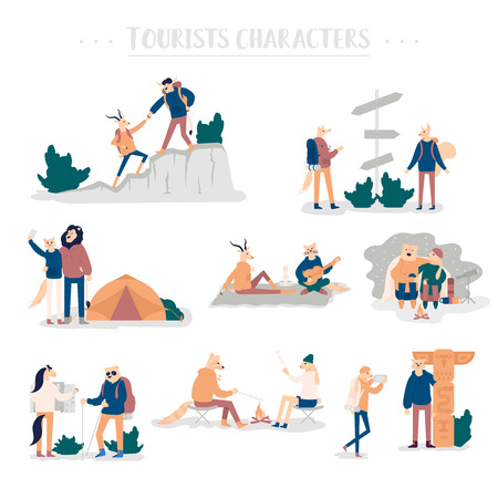 Guy and girl pitching tent, lying in hammock, watch the stars, backpacking. Set of young romantic couples during hiking adventure travel or camping trip. Flat colorful vectorのイラスト素材