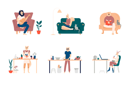 Playing guitar, eating sushi, surfing internet, listening to music, reading books, cooking. Bundle of young men and women spending weekend at home. Colored vector illustration in flat cartoonのイラスト素材