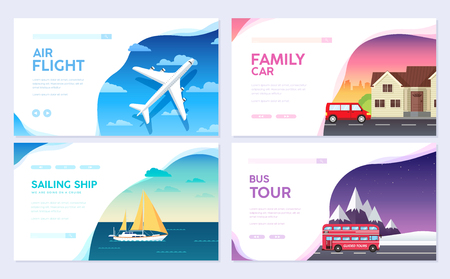 Variations transport of travel vacation tour guide infographic. Cruise, bus, flying on plane, car journey. Vector flyear, invitations, Magazines, cards, presentation, poster, banners set designのイラスト素材