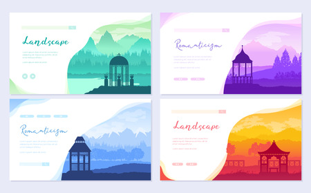 Outdoor gazebo in nature landscape. Romantic place on sunrise brochure card set. Landmark template of flyear, web banner, ui header, enter site. Layout invintation modern sliderのイラスト素材