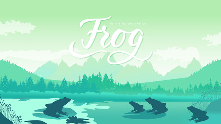 frog sits on a leaf near the lake. Animals in their natural habitat. Vector illustration natureのイラスト素材
