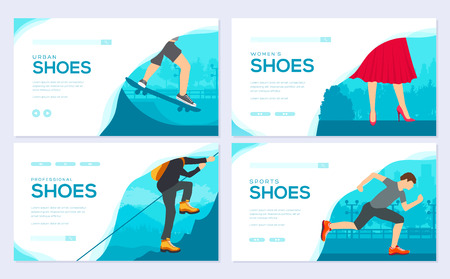 Shoe varieties brochure card set. wear classic, retro, trend, sport style template of flyear, web banner, ui header, enter site. Layout invintation modernのイラスト素材