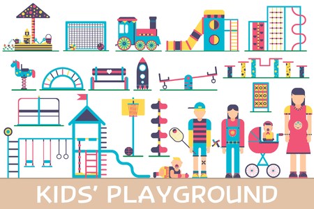 Kids playground field with many staff equipment background icons set. Vector flat fun outdoor park illustration concept designのイラスト素材