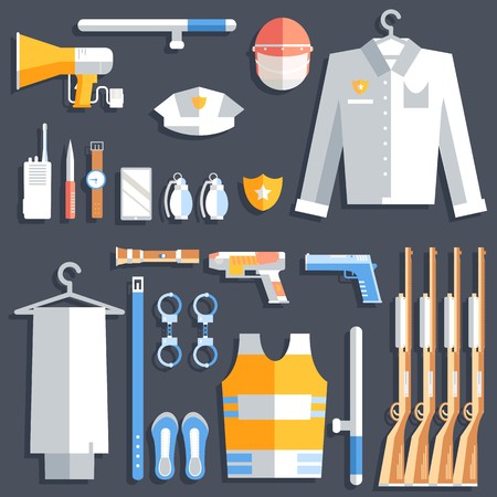 police uniform and set protection icons on isolated background. Flat style bright concept. Vector illustration for colorful template for you design, web and mobile applications.のイラスト素材