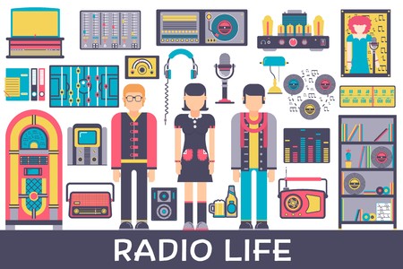 Radio life day collection icon set. Old school tv equpment and workspace in office with Dj presenter man and woman illustration. Vector media vintage technology in fm studio.のイラスト素材