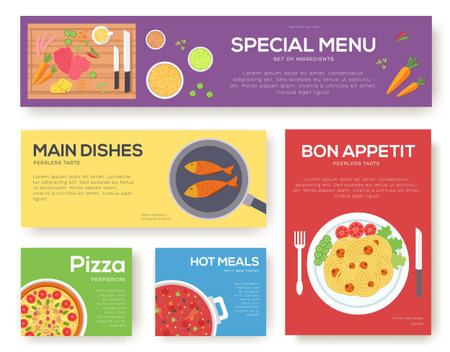 Cooking information cards set. Menu template of flyear, magazines, posters, book cover, banners. Breakfast  infographic concept  background. Layout illustrations modern pages with typography textのイラスト素材