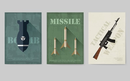 Cards of military equipment cards. Army template of flyear, Magazines, posters, book concept. Special forces items on grunge background. Layout illustrations pages with typography textのイラスト素材