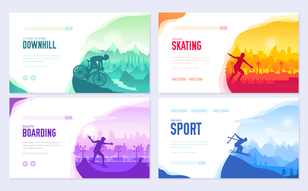 colorfulÂ covers with various sports rest day vector brochure cards set. Extreme on nature template of flyear, magazines, poster, books, banners. Active lifestyle invitation concept. Layout modern pageのイラスト素材