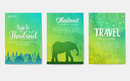 Traditional style brochure pages. Flyer for travel around the thai country. Architecture and animals of Thailand and India on invitation covers. Ethnic ornaments on an illustration for printのイラスト素材