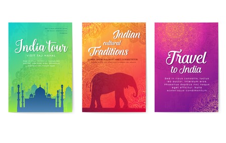 invitation design for the festive festival. Best colorful brochures with Indian ornament. Flyers with sights and animals of the country for printing. Traditional decorative ethnic greetingのイラスト素材