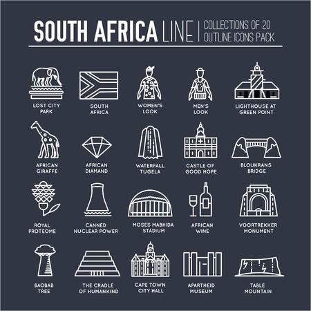 Country South Africa travel vacation of place and feature. Set of architecture, fashion, people, item, nature background concept. Infographic traditional ethnic flat, outline, thin line iconのイラスト素材