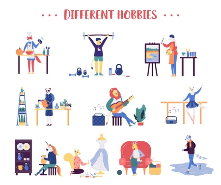 Colorful flat style of various animals doing different sports and hobbies on white background. Set of animals having different hobbiesのイラスト素材