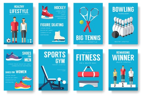 Sport information cards set. Lifestyle template of flyear, magazines, posters, book cover, banners. Physical athletic infographic concept  background. Layout illustrations modern pages with typographyのイラスト素材