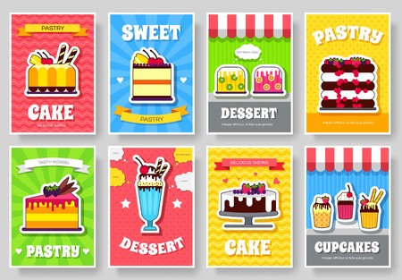 Sweet for party or wedding brochure cards set. Cake stand template of flyear, magazines, posters, book cover, banners.  Food infographic concept background. Layout illustrations pages with typographyのイラスト素材