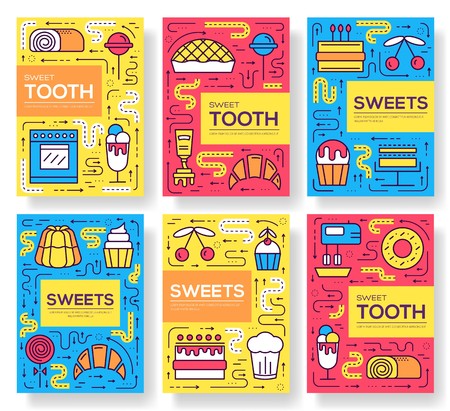 Thin line Happy people baking brochure cards set.  Decorating cakes template of flyear, magazines, poster, book cover, banners. Outline confectionery shop  invitation concept.のイラスト素材