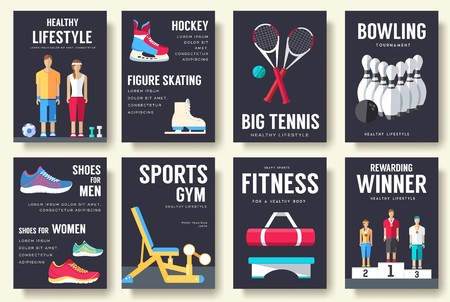 Sport information cards set. Lifestyle template of flyear, magazines, posters, book cover, banners. Physical athletic infographic concept  background. Layout illustrations modern pages with typographyのイラスト素材