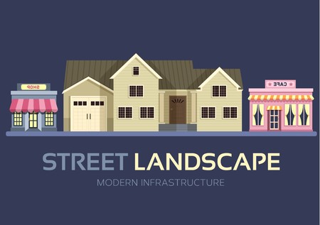 Flat colorful city cultural center buildings street. Icon concept design. Vector urban landscape background. Architecture construction: opera, courthouse, museumのイラスト素材