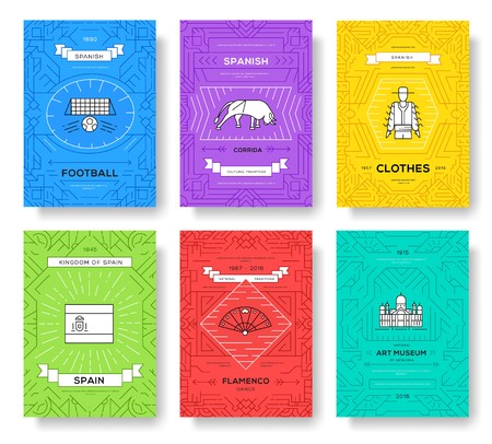 Spain thin line brochure cards set. Country template of flyear, magazines, posters, book cover, banners. Travel outline invitation concept background. Layout modern pagesのイラスト素材