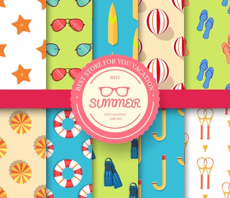 collection set of summer vacation seamless pattern. Beach umbrella, lifebuoy, diving, equipment, towel, ocean with label logo concept. Vector abstract template for greeting card or invitation designのイラスト素材