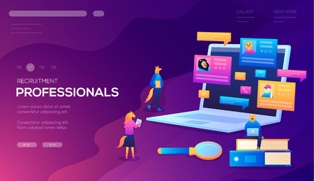 Recruitment professionals landing page vector template. HR agency website with text space. Hiring agents cartoon characters. Teamwork flat web banner. Job resume, online cv. Candidates account profileのイラスト素材