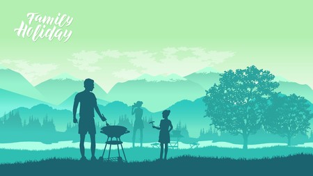 Family camping and having a barbecue in nature illustration. Happy father and daughter making barbecue for family conceptのイラスト素材