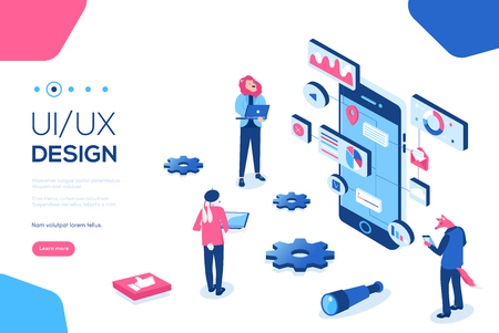 Flat isometric isolated on white background. UX / UI design concept with character and text place. Can use for web banner, infographics, header images vector illustration.のイラスト素材