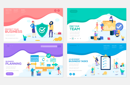 Business school website templates set. Business protection, insurance coaching vector landing page. Time management seminar web banner with copyspace. Teamwork. Cartoon characters with animals headsのイラスト素材