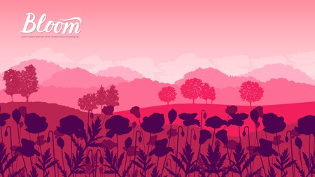 Beautiful flowers on the mountainside vector. Summer nature Template land page wallapapers design concept. Flora on hill invitation concept. Layout modern designのイラスト素材