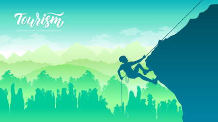 Rock climber resting while climbing overhanging cliff. Man climbing on rock, mountain at sunset. Extreme sports on a cliff over the foggy mountain valley in a light of sunriseのイラスト素材