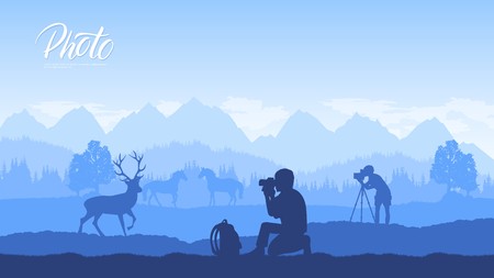 A photographer with equipment makes a photo session with models in nature concept. Take pictures or shoot video in the wild life designのイラスト素材