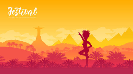 Brazil Carnival vector banner template. Rio De Janeiro flat illustration with text space. Traditional festival. Minimalistic landscape. Female dancer silhouette. Panoramic view travel postcard designのイラスト素材