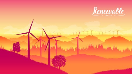 Windmill farm on a beautiful bright day Netherlands Flevoland. Landscape with Turbine Green Energy Electricity. Electric power production, Wind turbines generating electricity on rice fieldのイラスト素材