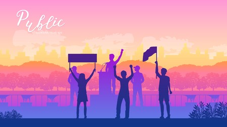 leading a group of demonstrators on road. Protest people crowd. Silhouette crowd of people protesters. Protest, revolution, conflict background landscape demonstrate conceptのイラスト素材