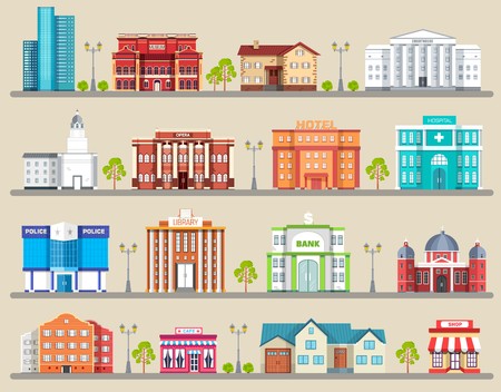Flat colorful vector city buildings infographic Icon background concept design. Architecture construction: courthouse, home, museum, skyscraper, hospital, hotel, opera, theater. Vector urban landscape.のイラスト素材