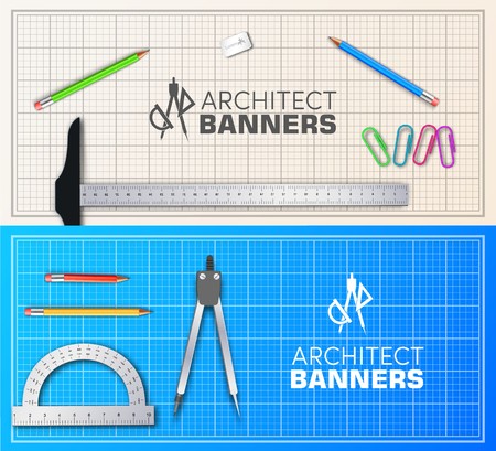 Architect blueprint banners cards set.のイラスト素材