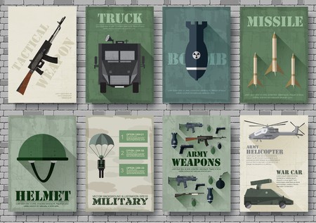 Cards of military equipment cards. Army template of flyer, Magazines, posters, book concept. Special forces items on grunge background. Layout illustrations pages with typography text.のイラスト素材