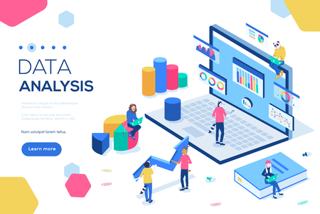 Can use for web banner, infographics, header images. Data analysis concept with characters vector illustration. Flat isometric isolated on white background.のイラスト素材