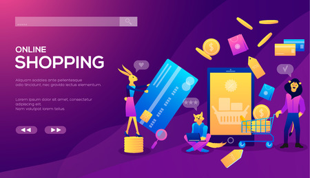 Smart phone online shopping ecommerce concept. Online store, shopping cart illustration. Online shopping or e-commerce. Internet store payment procedure concept with smartphone and gift boxのイラスト素材
