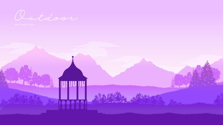 Outdoor gazebo in nature landscape vector brochure card. Romantic place on sunrise template land page wallapapers design . lifestyle invitation concept. Layout modern designのイラスト素材