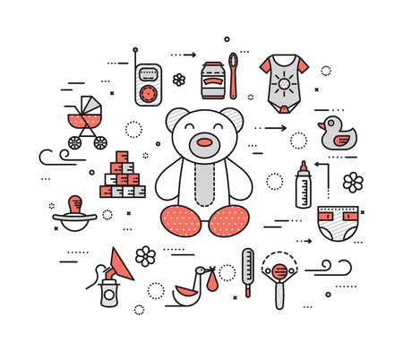 World thin line breastfeeding week and kids elements flat icon set concept. Child outline illustrations design.のイラスト素材