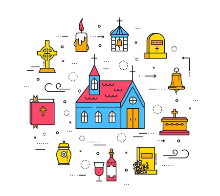 Cemetery with different graves and small Christian church in sunny day. Layout modern vector background illustration design concept.のイラスト素材