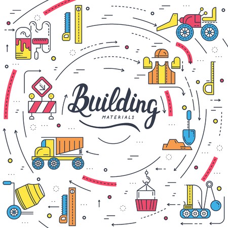 Builders doing labor job and working with heavy vehicles concept.  Flat workers on construction site vector  design illustration.のイラスト素材