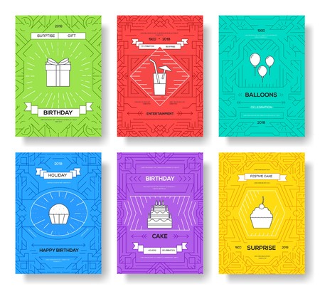 happy birthday set infographics template concept. Icons for your product or design, web and mobile applications. Vector flat with long shadow illustration on blue background.のイラスト素材
