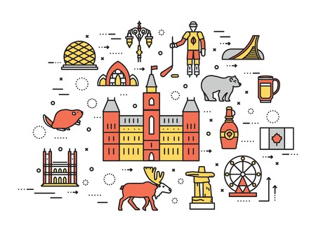 Country Canada travel vacation infographic of place and feature. Set of architecture, fashion, people, item, nature background concept. Infographic traditional ethnic flat, outline, thin lineのイラスト素材
