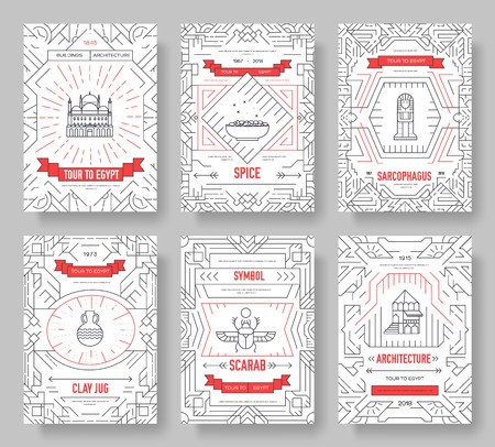 Country Egypt travel vacation guidevector brochure card thin line set. thinking the idea linear template of flyear, magazine, posters, book cover, banners. Layout research equipmen outline modern pageのイラスト素材