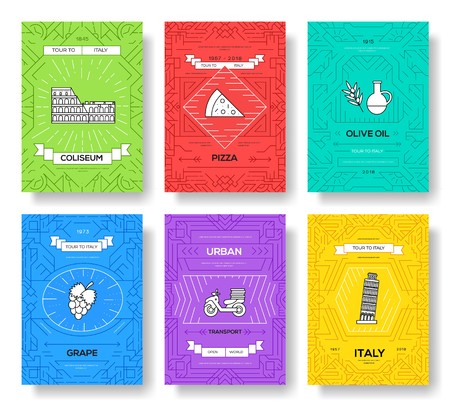 Italy vector brochure cards thin line set. Country travel template of flyear, magazines, posters, book cover, banners. Layout culture monument outline illustrations modern pagesのイラスト素材