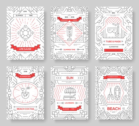 summer vecetion time  vector brochure cards set. Ecology template of flyear, magazines, poster, book cover, banners. Outdoor invitation concept background. Layout illustration modern page backgroundのイラスト素材
